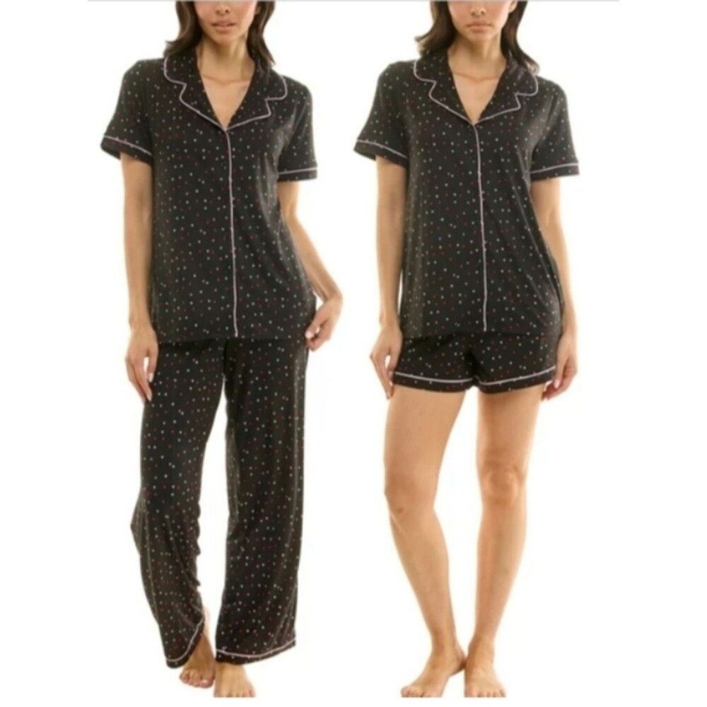New Jaclyn 3 - Piece Pajama Set Size XL Black With Hearts Shirt Pants Shorts NWT